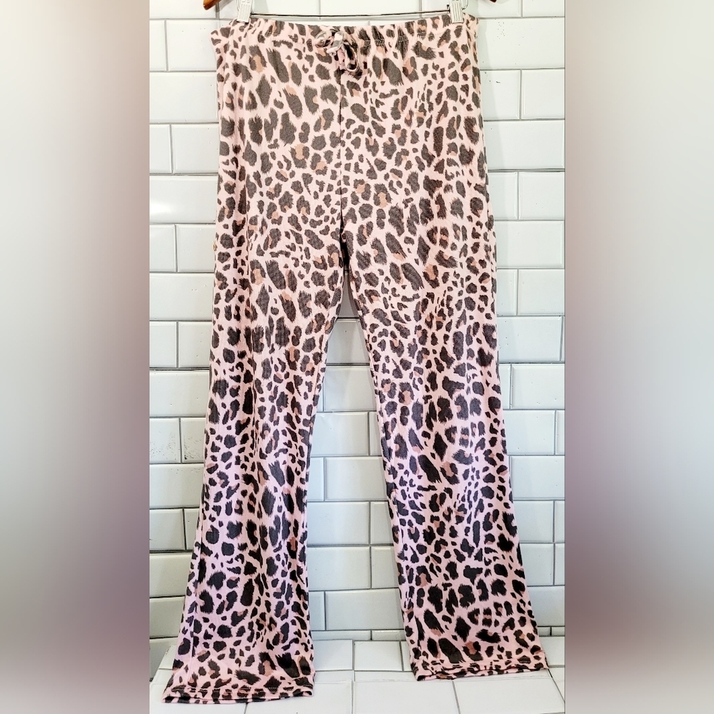 OVERSLEPT Ladies Lounge PJ Bottoms Soft Knit Lightweight Pink Animal Print Elast